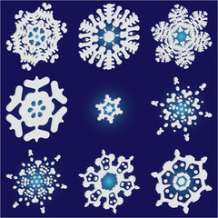 Collection of cute snowflakes on blue background.