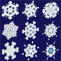 Set of christmas 3d snowflakes on blue background.