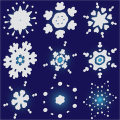 Fototapeta na wymiar Set of christmas 3d snowflakes on blue background.