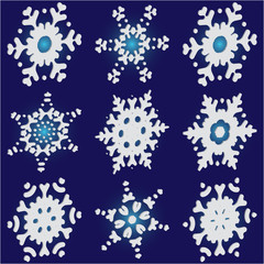 Collection of cute snowflakes on blue background.