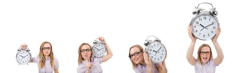 Young employee holding alarm clock isolated on white