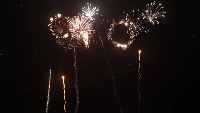 Fireworks Firing And Exploding On Night Sky With Glowing Stars And Sparkle Trails 3D Animation