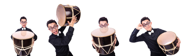 Funny man with drum on white