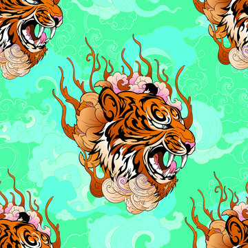 Tiger head with cloud design from Chinese or Japanese tattoo style with Aqua green tone background seamless pattern vector