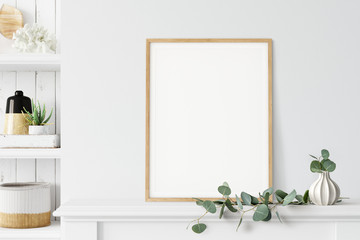 Obraz na płótnie Canvas Frame mockup. Coastal Scandinavian interior style. 3d rendering, 3d illustration 