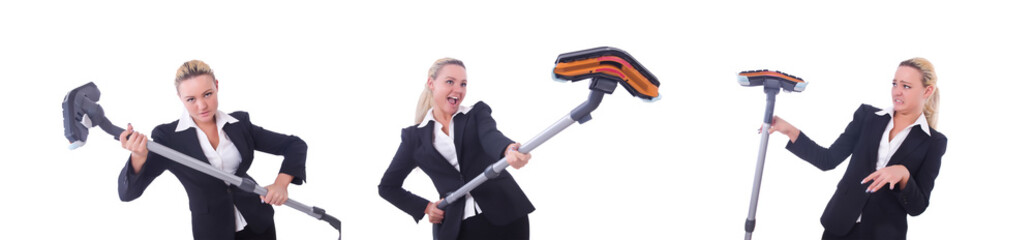 Businesswoman with vacuum cleaner on white