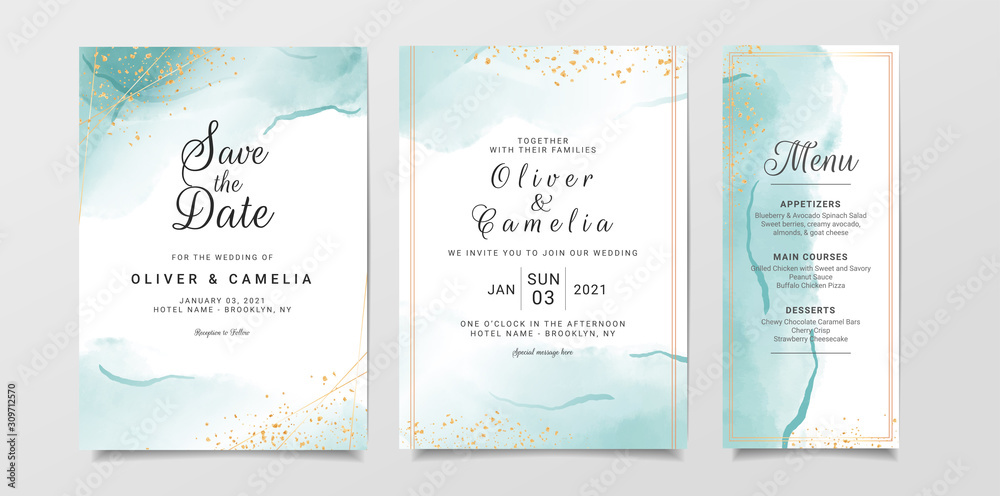 Wall mural blue watercolor wedding invitation card template set with gold glitter and line decoration. abstract - Wall murals