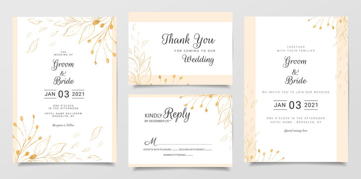 Glitter botanic wedding invitation card template set. Abstract background save the date, invitation, greeting card, multi-purpose vector