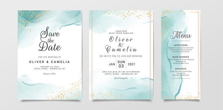 Blue watercolor wedding invitation card template set with gold glitter and line decoration. Abstract background save the date, invitation, greeting card, multi-purpose vector