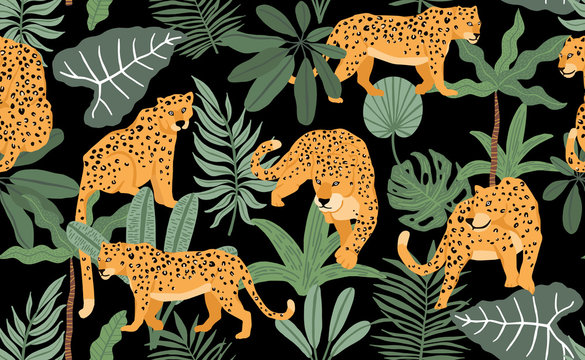 Safari background with leopard,palm,leaf.Vector illustration seamless pattern for background,wallpaper,frabic.Editable element © piixypeach