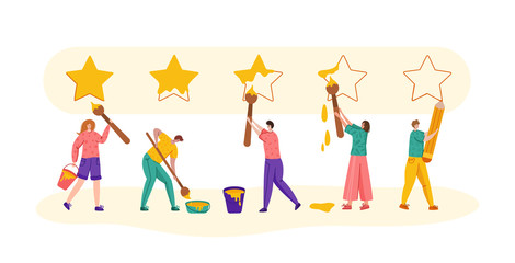 Client feedback or review concept, flat modern tiny people with brushes painting huge stars, happy customers, rank and rating scale stars, online service evaluation, team of men and women, Vector