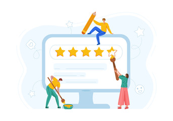Client feedback concept - people paiting rating stars on computer screen, online service evaluation, customers review, flat modern tiny men and women with huge monitor and fedback stars - Vector