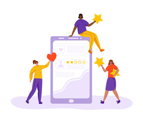 Client feedback concept, happy women with customers review and feedback, hold stars, likes, heart, online service evaluation. flat modern tiny people and huge monitor or phone and rating stars, Vector