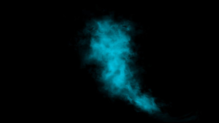 Explosion blue smoke bomb on isolated black background. Smoking cigarette smoke. Abstract texture overlays.