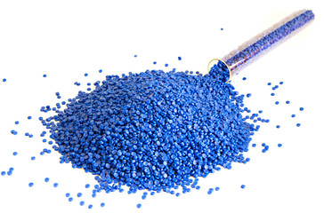 Close-up of plastic polymer granules. hand hold Polymer pellets. polymer plastic. compound polymer.