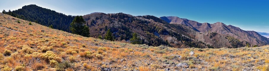 Landscape views of Tooele from the Oquirrh Mountains hiking and backpacking along the Wasatch Front Rocky Mountains, by Kennecott Rio Tinto Copper mine, by the Great Salt Lake in fall. Utah, America.