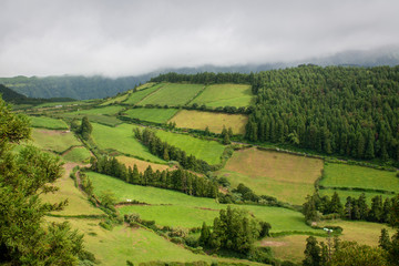 Fototapeta na wymiar Views of the fields, mountains and valleys in the Azores