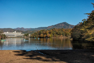 京都、宝ヶ池から見える比叡山と国際会館