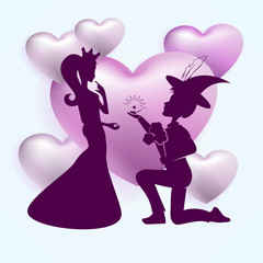 Composition of light hearts and a dark silhouette of a guy in a hat and a girl in a crown