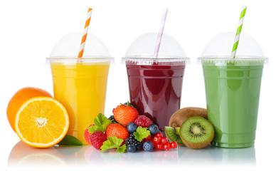 Fruit smoothies fruits orange juice green smoothie drink collection straw cup isolated on white