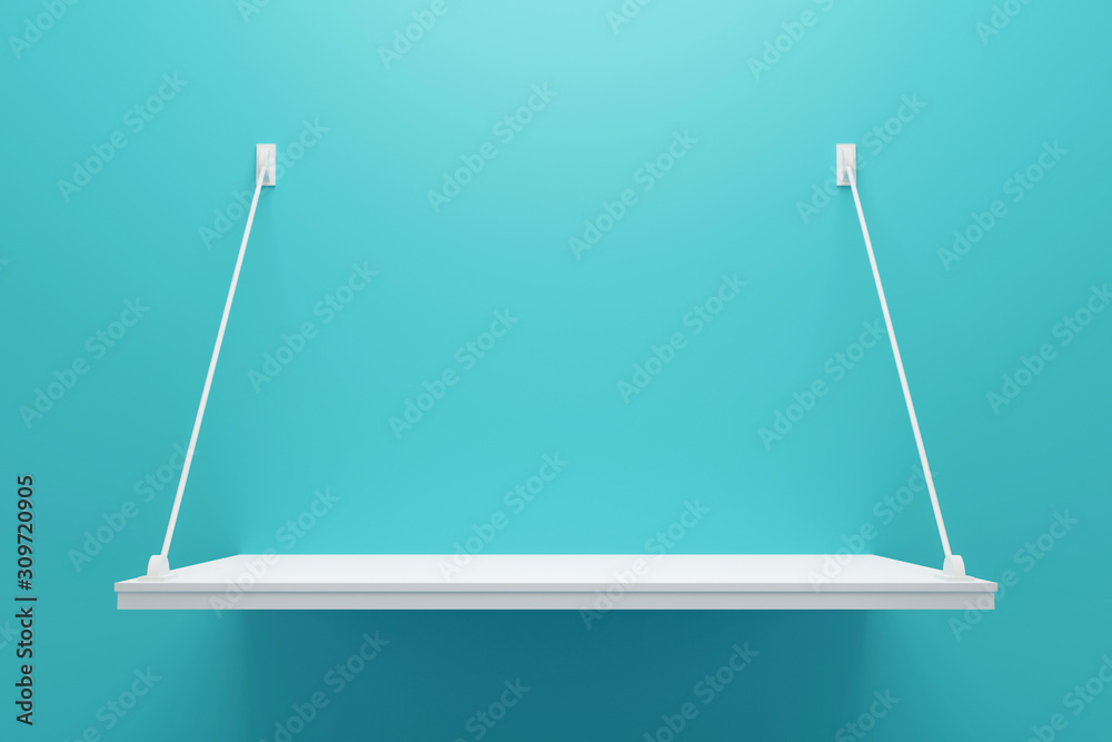 Poster Modern hanging shelf display with minimal style on light blue background. Blank product shelves panel. 3D rendering.