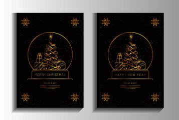 Happy New Year & Merry Christmas Greeting Card Golden line Holidays illustration on dark background