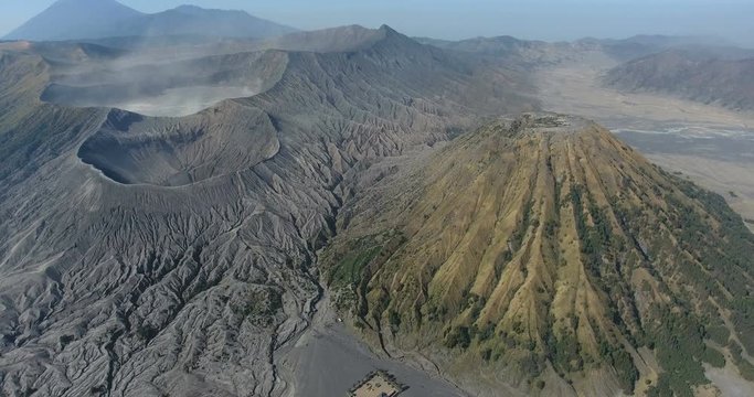 Picturesque irds eye view Video from of Mt Bromo Volcano, East Java, Bali Indonesia. Travel concept. Beautiful Asia. Shot in 4k