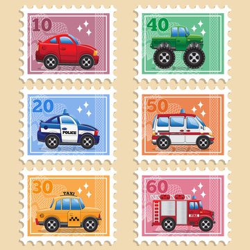 Postage stamps depicting various cars. Side view. Vector illustration.
