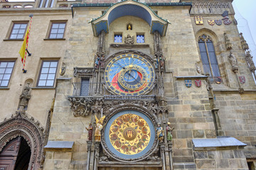 Scenic view of Prague astronomical clock (Prazsky orloj) in Prague in Czech Republic in Europe. Beautiful summer sunny look of Prague Orloj -  medieval astronomical clock located in Czechia