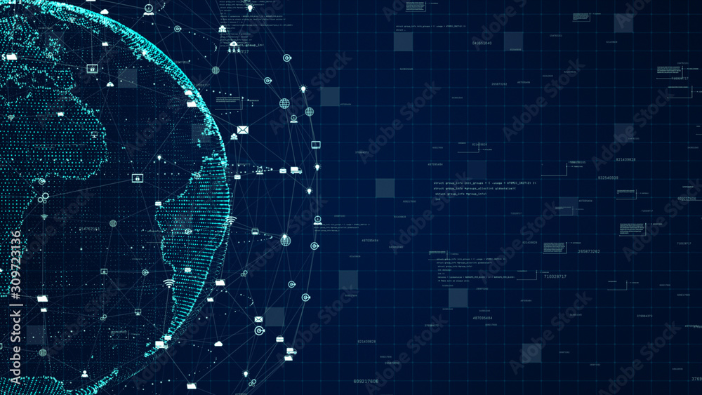 Poster technology network data connection, digital data network and cyber security concept. earth element f