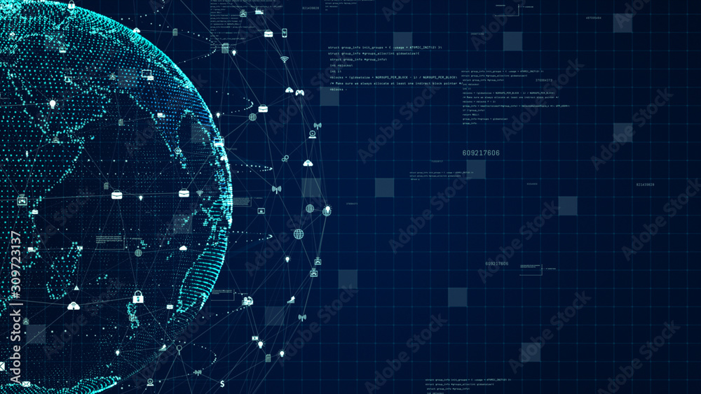Aufkleber Technology Network Data Connection, Digital Data Network and Cyber Security Concept. Earth element furnished by Nasa.