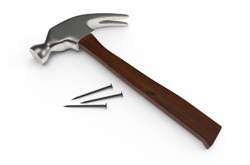 Hammer and nails on white surface. 3D rendering