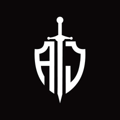 AJ logo with shield shape and sword