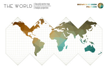 Vector map of the world. HEALPix projection of the world. Brown Blue Green colored polygons. Beautiful vector illustration.