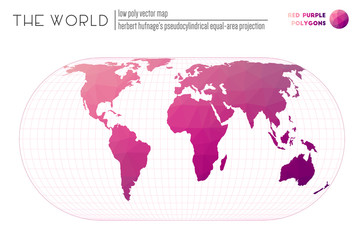 Abstract geometric world map. Herbert Hufnage's pseudocylindrical equal-area projection of the world. Red Purple colored polygons. Modern vector illustration.