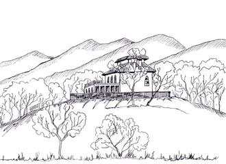 cozy house in the mountains linear drawing