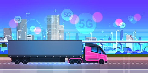 semi truck trailer driving city road 5G online wireless system connection concept modern cityscape background express delivery logistics transportation horizontal vector illustration