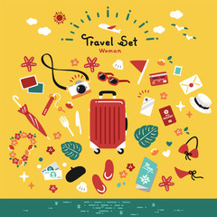 travel set / vector simple / summer, vacation - obrazy, fototapety, plakaty