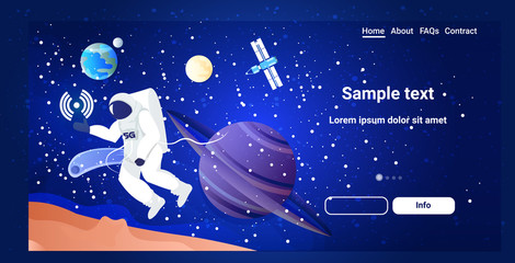 astronaut exploring space cosmonaut in spacesuit over planets of solar system 5g wireless internet connection astronomy cosmos concept full length horizontal copy space vector illustration © mast3r
