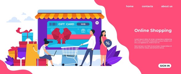 Shopping landing page. Online and mobile purchasing, cartoon people characters at shop or market. Vector online shopping webpage illustration how to modern isometric shops purchasing