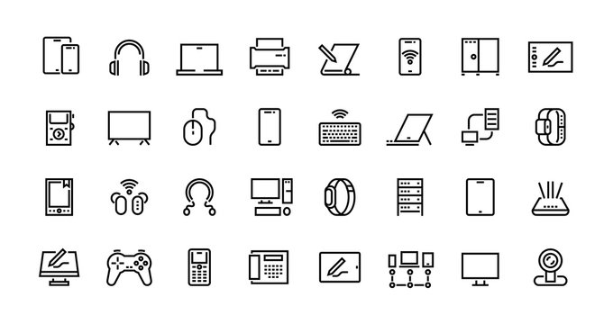 Computers line icons. Desktop PC, laptop and network station pictograms, tablet computer and electronic hardware. Vector set icon mobile devices and pictograms computing equipment