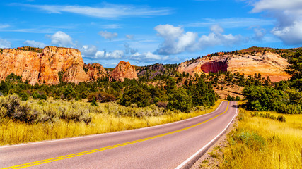 Fototapeta na wymiar The Kolob Terrace Road as it winds its way through the Red Sandstone Mountains to the 8,000 ft altitude of the Kolob Plateau in Zion National Park, Utah, United States