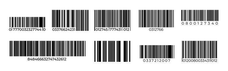 Barcodes. Product identification stripped sign, digital mark for laser check and supermarket price label. Vector retail tracking symbols set, sample bar retail sticker labels packaging for scan reader