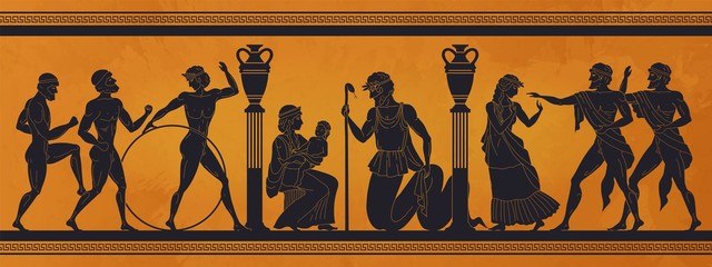 Ancient Greece mythology. Antic history black silhouettes of people and gods on pottery. Vector archeology pattern mythological culture on ceramics illustration - obrazy, fototapety, plakaty