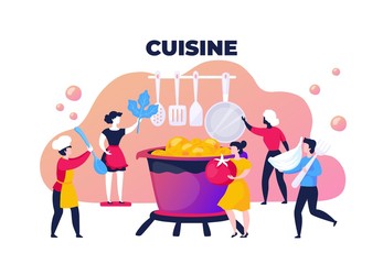 Cooking food concept. Adult cartoon trendy characters bringing ingredients and preparing meals. Vector food eating and cooking concepts tasty fresh meals - obrazy, fototapety, plakaty