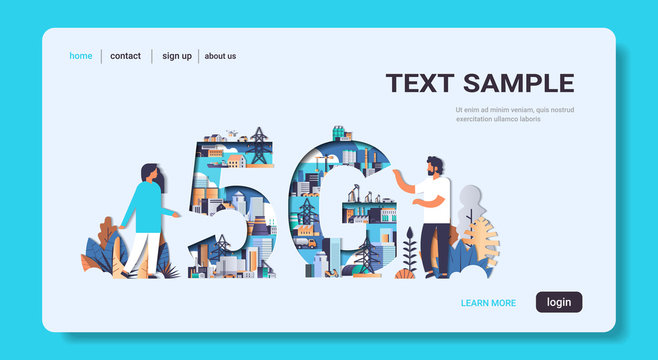 couple discussing 5G online wireless system connection industrial zone power station production technology concept full length horizontal copy space paper cut style vector illustration