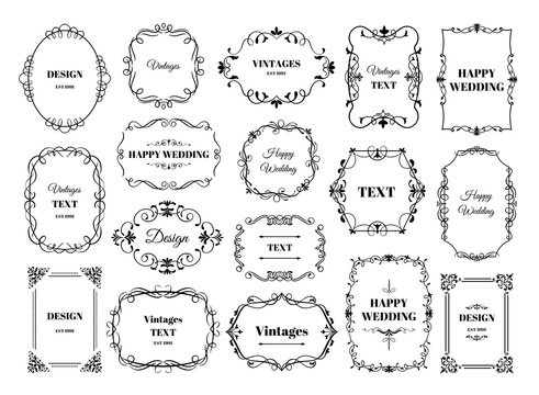 Vintage frame label. Ornamental logotypes with decorative floral retro elements. Vector antique frames for wedding invitation cards, beautiful ornate illustration border with old patterns
