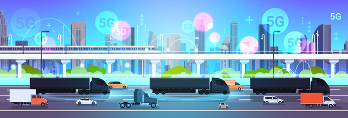 car driving city road 5G online wireless system connection concept modern cityscape background delivery logistics transportation horizontal vector illustration