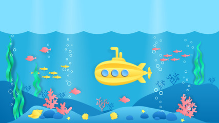 Paper cut submarine. Underwater ocean landscape with fish, seaweeds and coral reef in cartoon paper style. Vector illustration flat marine scene with yellow underwater transportation objects