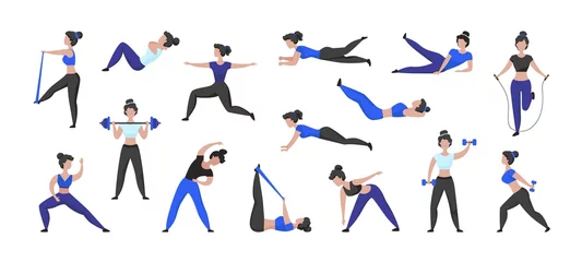  Fitness workout. Cartoon woman character doing sport exercises and training in gym, isolated female character. Vector set isolated illustration active women in fitness lifestyle © SpicyTruffel
